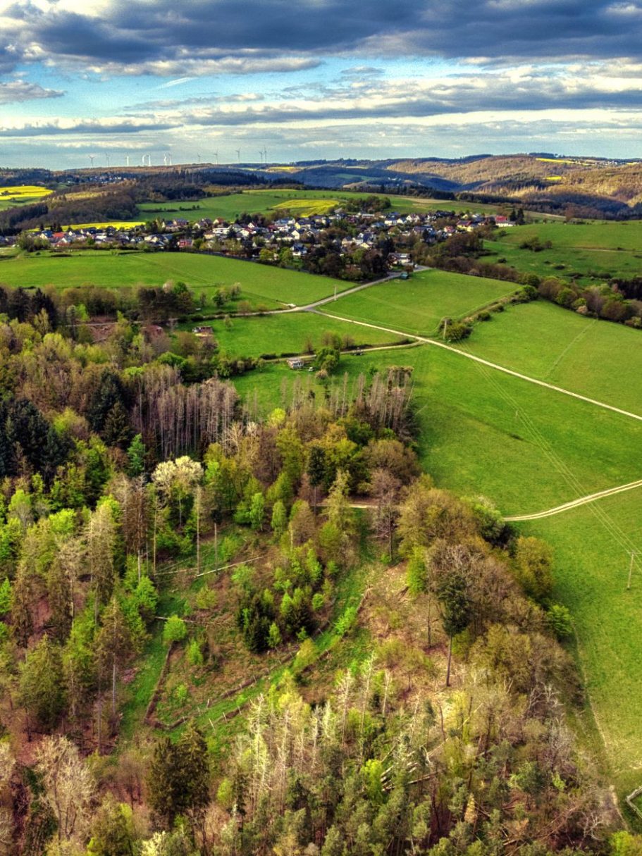 Luftaufnahme einer ländlichen Landschaft mit Wäldern und einem kleinen Dorf im Hintergrund.